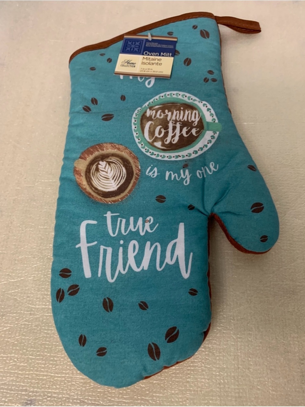 Home Collection Teal Coffee Print Oven Mitt with Brown Trim